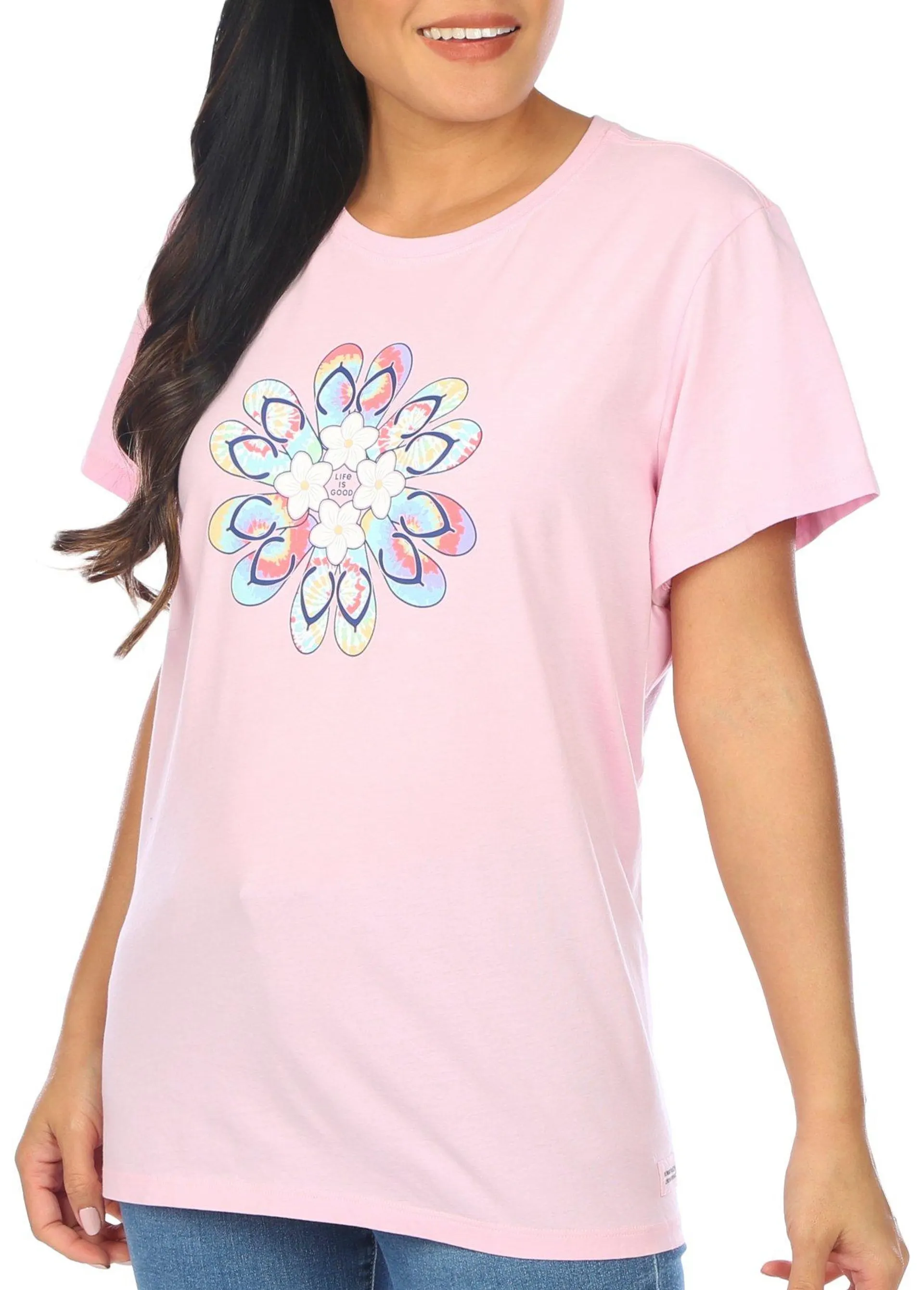 Life Is Good Womens Floral Flip Flop Crew Neck T-Shirt