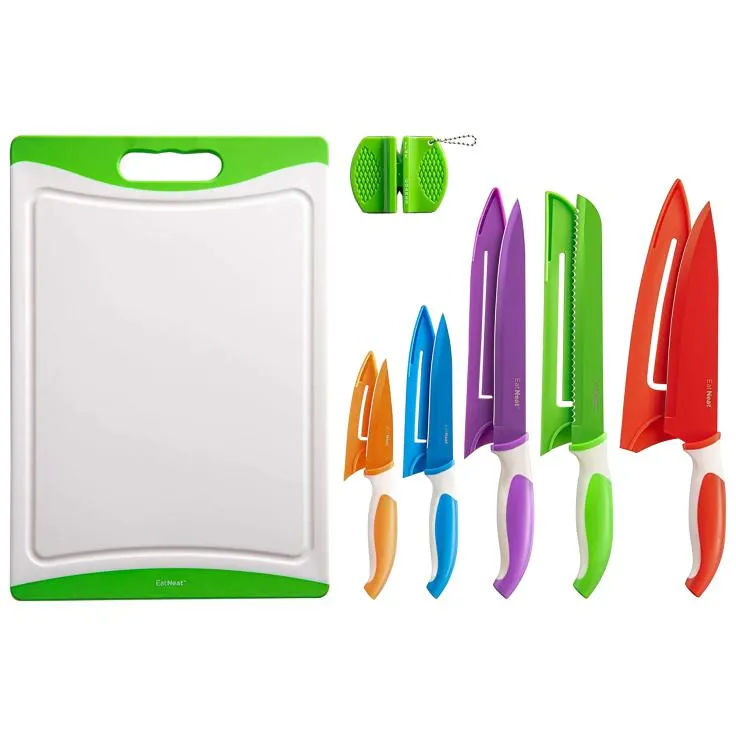 EatNeat Cuchillos de 12 Piezas con Tabla de Cortar y Afilador de Cuchillos