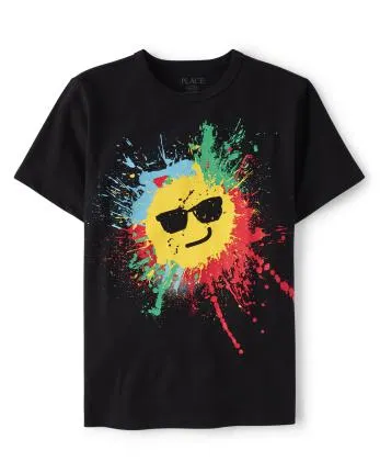 Boys Paint Splatter Happy Face Graphic Tee - black