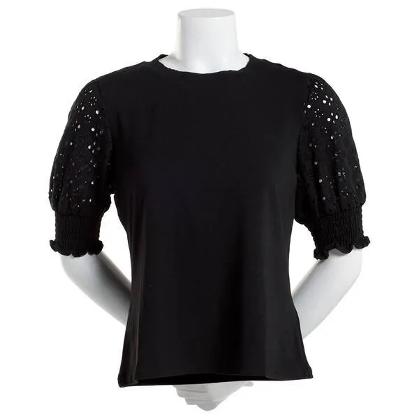 Womens Nannette Lepore Short Eyelet Sleeve Solid Knit Tee