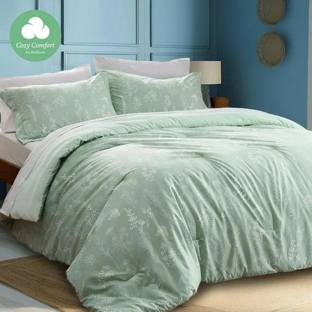 Cozy Comfort 3 Pieces Twin Floral Comforter Sets, Sage Green Botanical Flowers Reversible Bedding