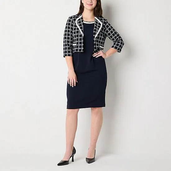 Maya Brooke Womens Pearl Trim Grid Jacket Dress