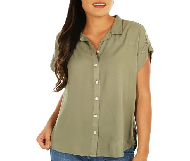 Womens Blue Sol Button Down Short Sleeve Roll Cuff Top