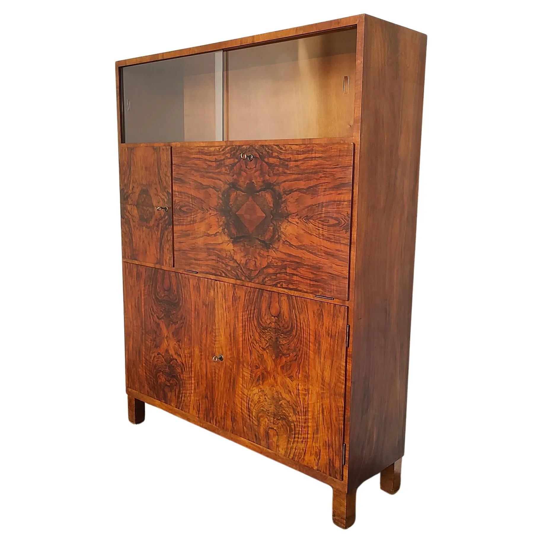 Mueble Bar 1940s Swiss Walnut Burl Wall Unit Antique