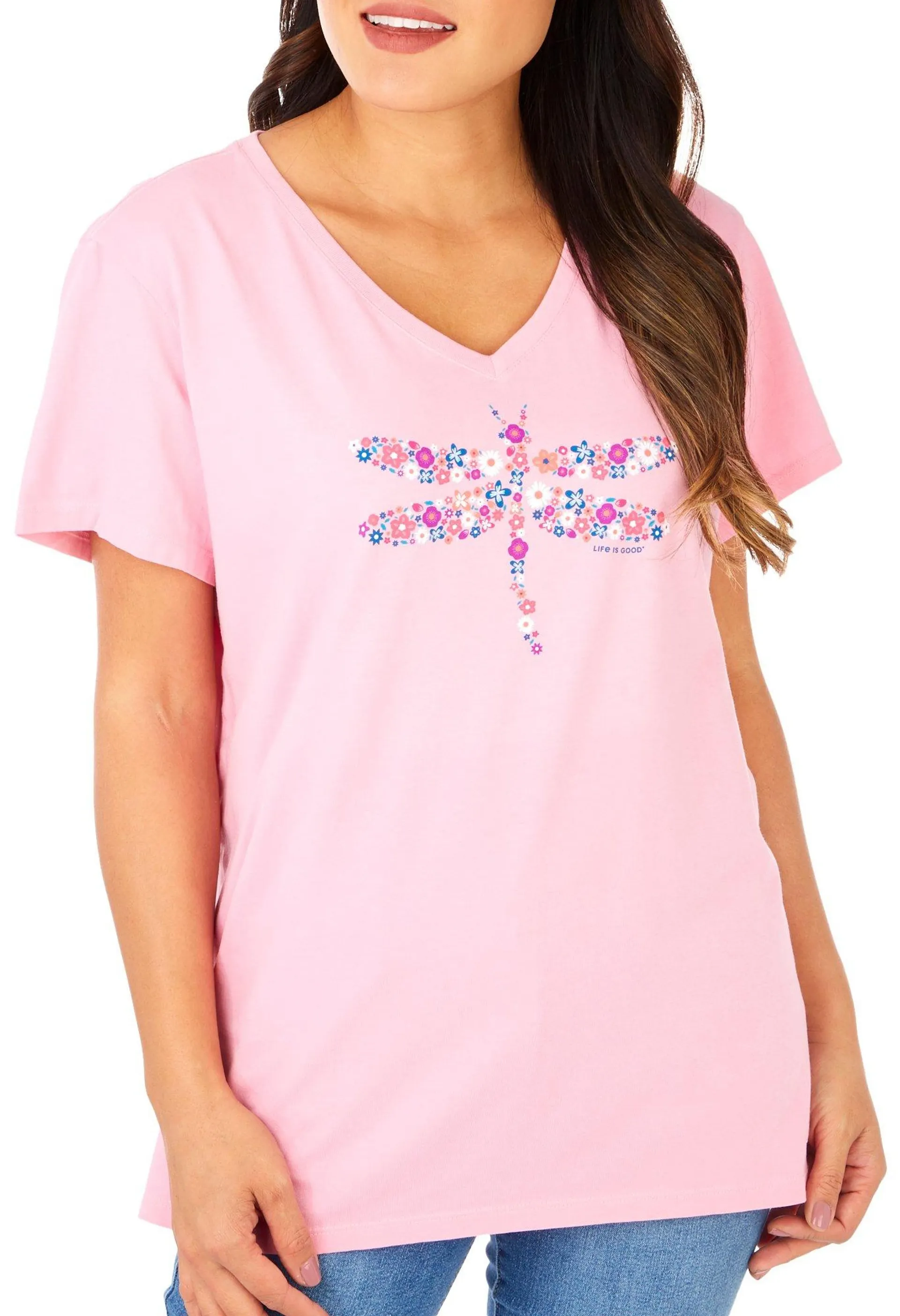 Womens Ditsy Dragonfly V Neck Short Sleeve Tee