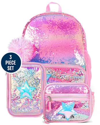Girls Rainbow Sequin Shakey Star Backpack 3-Piece Set - multi clr