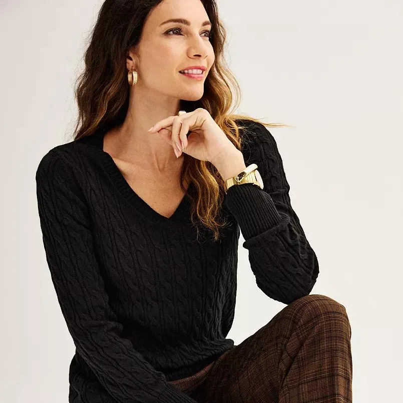 Women's Croft & Barrow® Extra Soft Cable Knit V-Neck Sweater