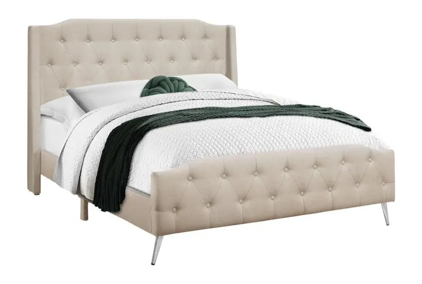 Claire Beige Queen Linen Upholstered Diamond Tufted Clipped Headboard Panel Shelter Bed | Wingback