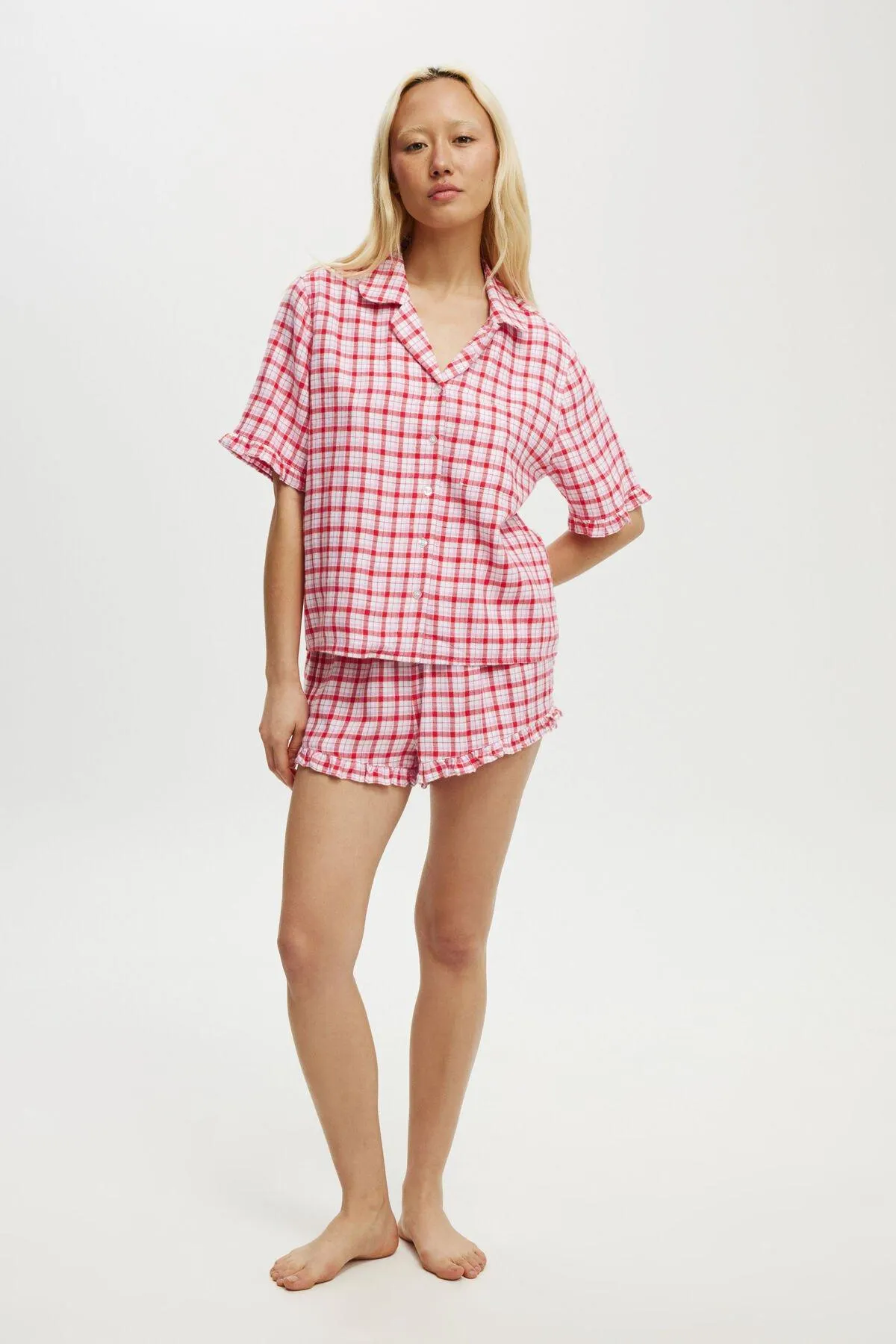 Flannel Short Sleeve Shirt And Short Sleep Set