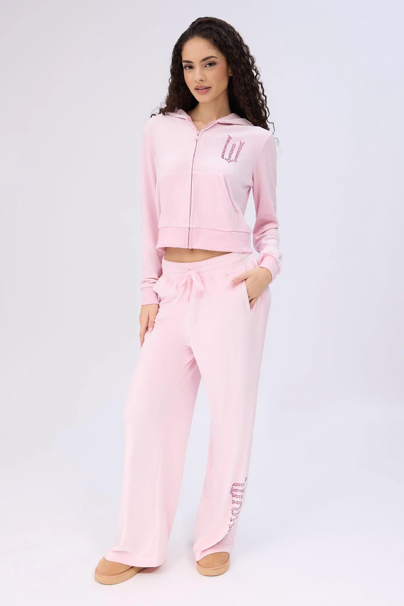 Wicked Rhinestones Velour Zip-Up Hoodie And Sweatpants 2-Piece Set