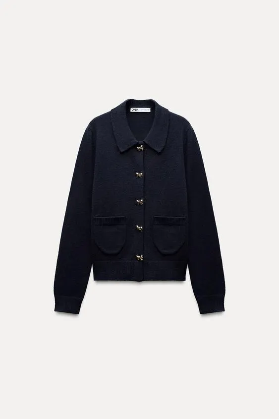 BOW-SHAPED BUTTON KNIT CARDIGAN