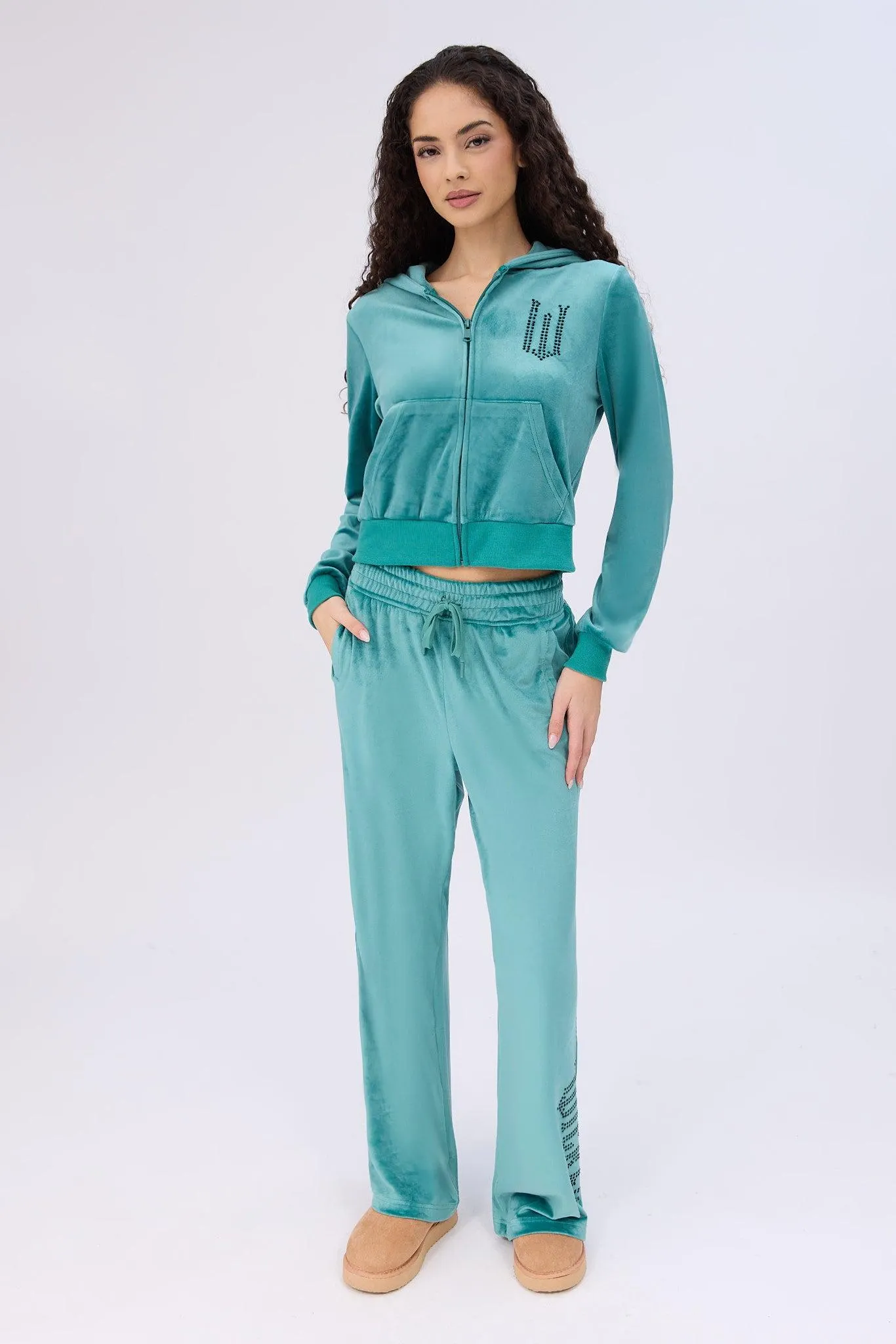 Wicked Rhinestones Velour Zip-Up Hoodie And Sweatpants 2-Piece Set