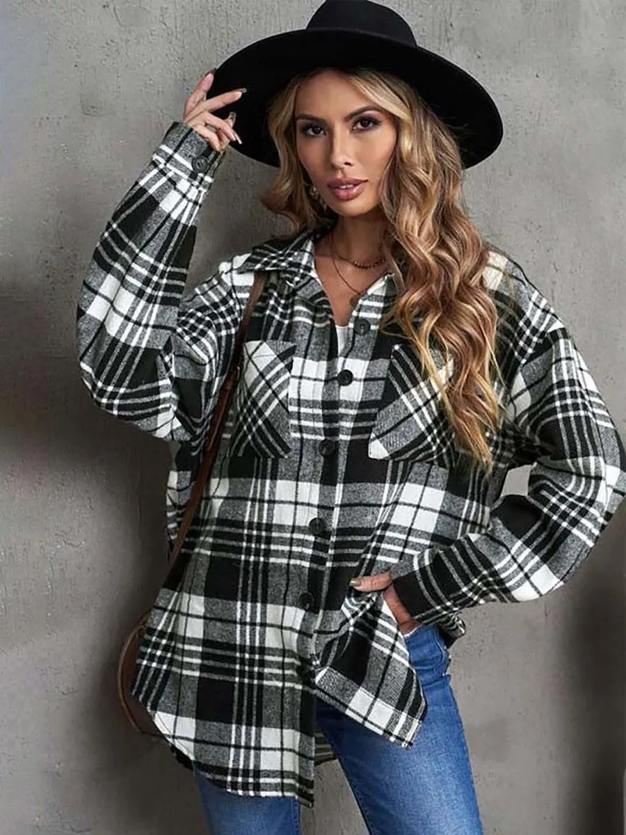 Shacket Jacket Turndown Collar Plaid Long Sleeve Fall Outerwear