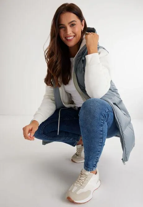 Womens Plain Grey Mid Length Gilet with Hood