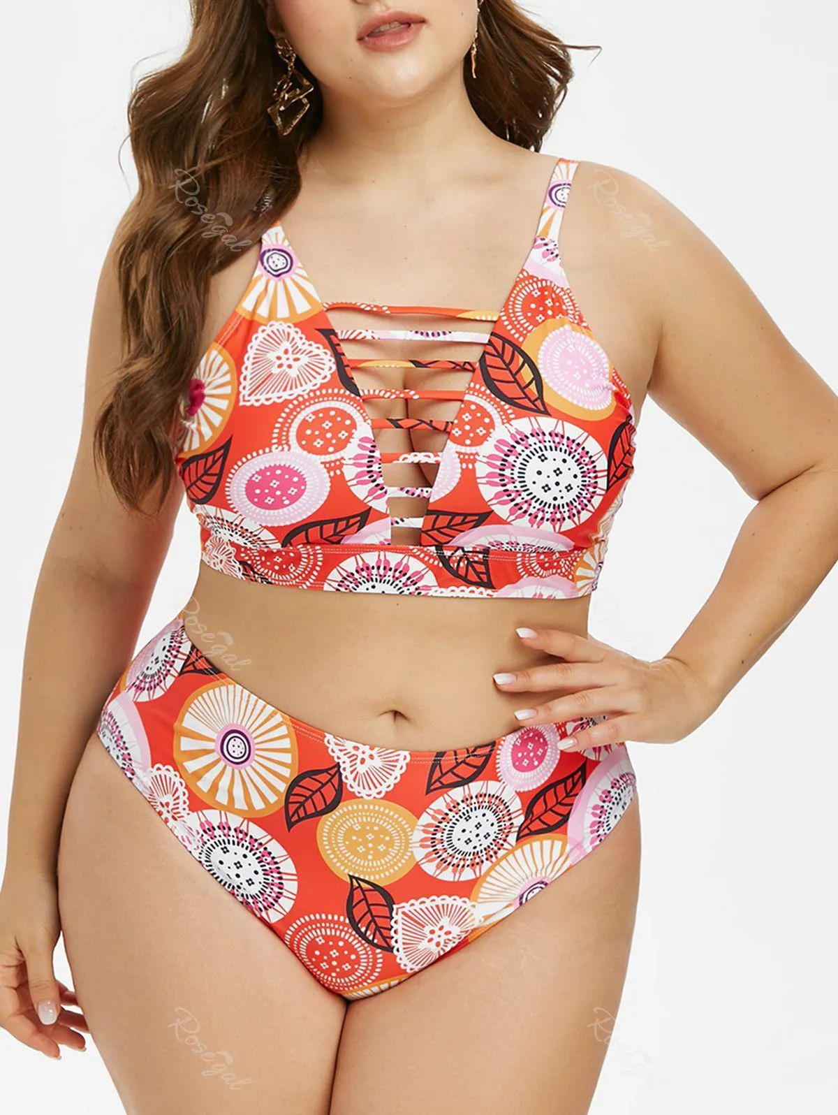 Plus Size Lattice Ethnic Print Bikini Swimwear - 5x
