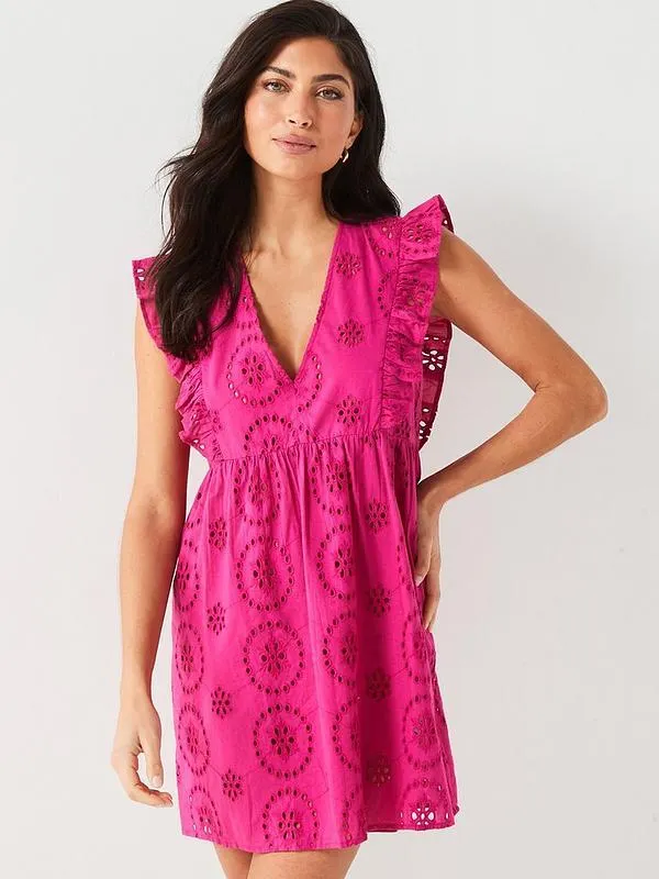 V Neck Frill Detail Broderie Cover Up