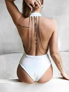 White Halter Plunge Chain Back Bodysuit