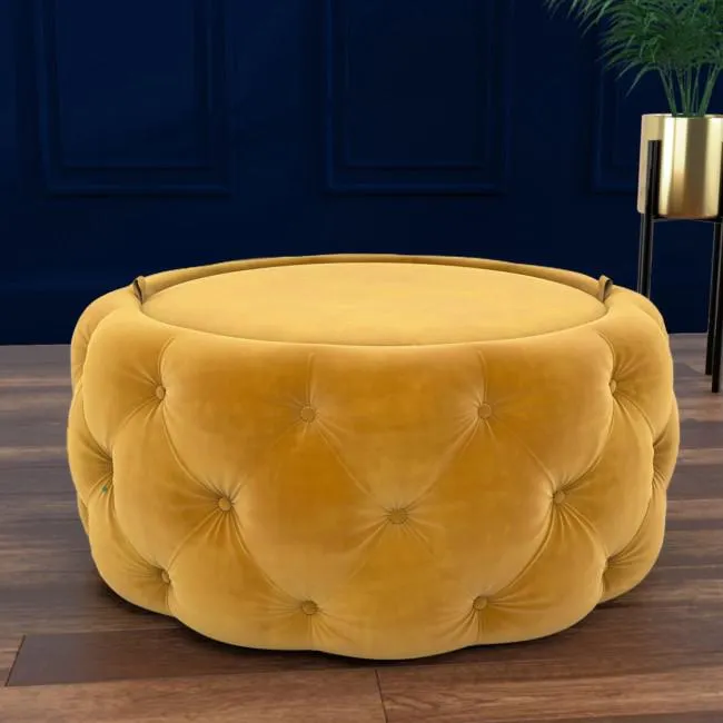 Small Round Mustard Velvet Ottoman Pouffe - Clio
