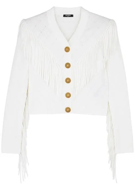 Fringed ribbed-knit cardigan