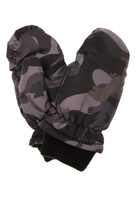 Younger Boys Grey Camo Ski Mittens