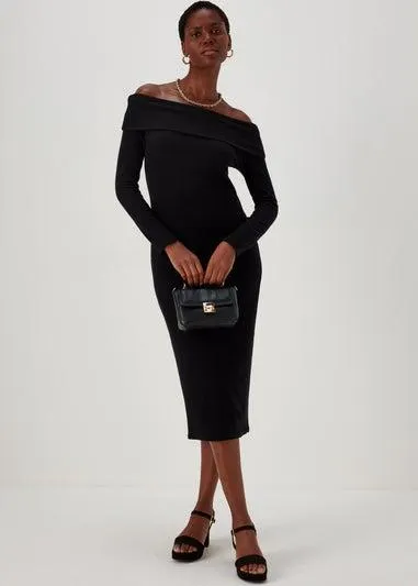 Black Ribbed Bardot Dress - Size 8