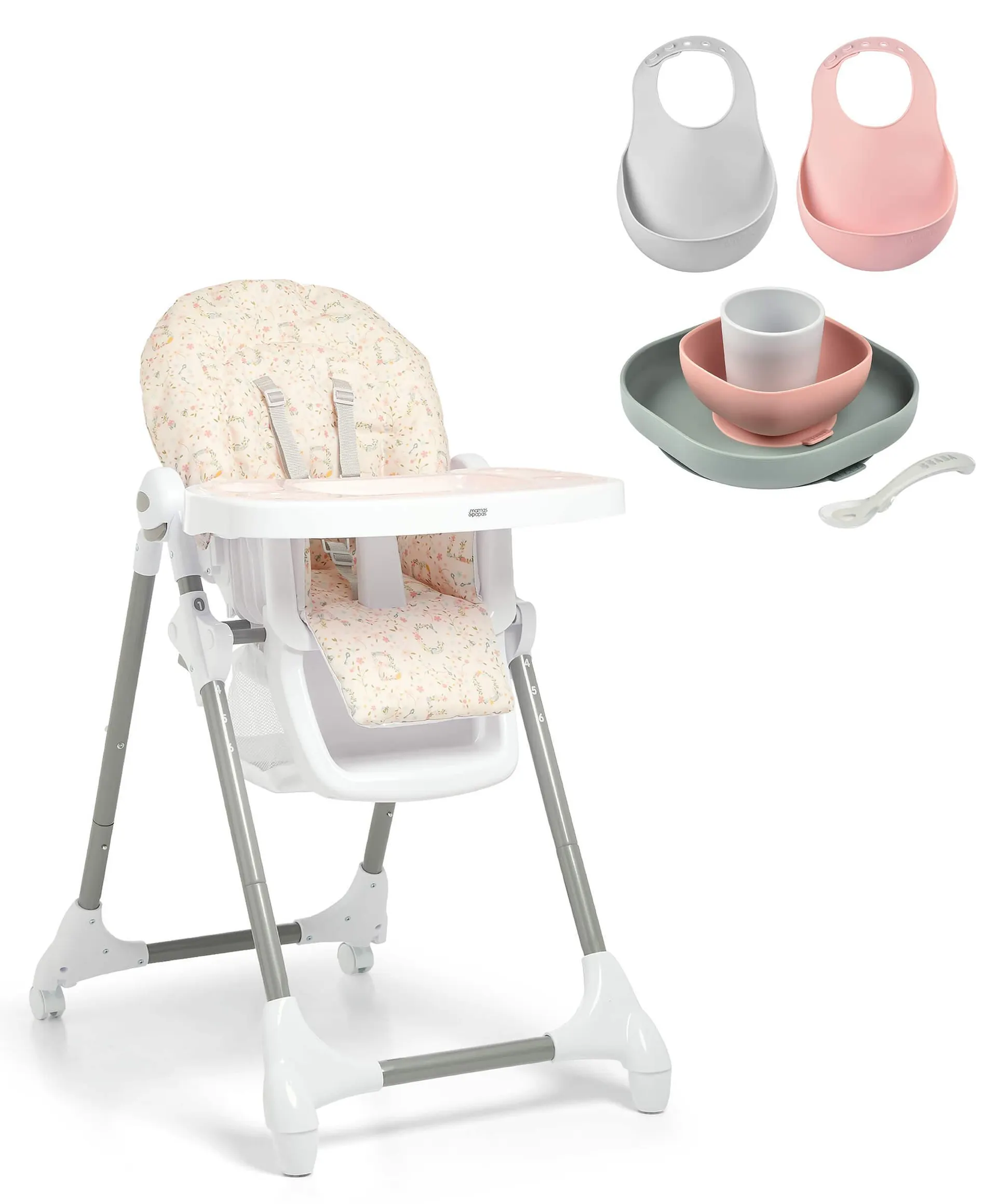 Snax Curious Alphabet Highchair & Beaba Meal Set with Silicone Bibs - Pink/Eucalyptus