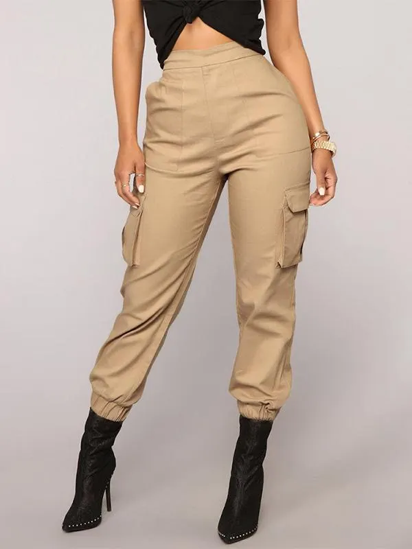 Pants Khaki Polyester Raised Waist Trousers