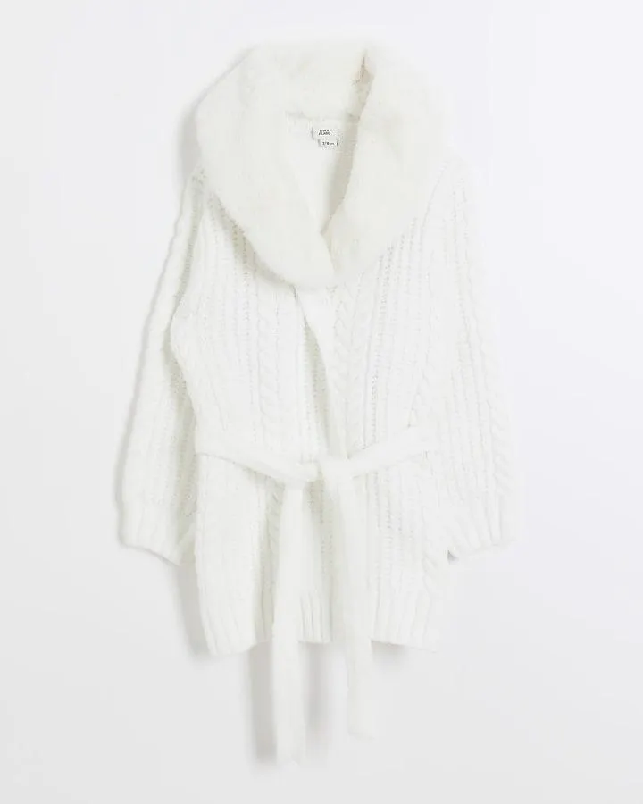 Girls cream faux fur cable knit cardigan