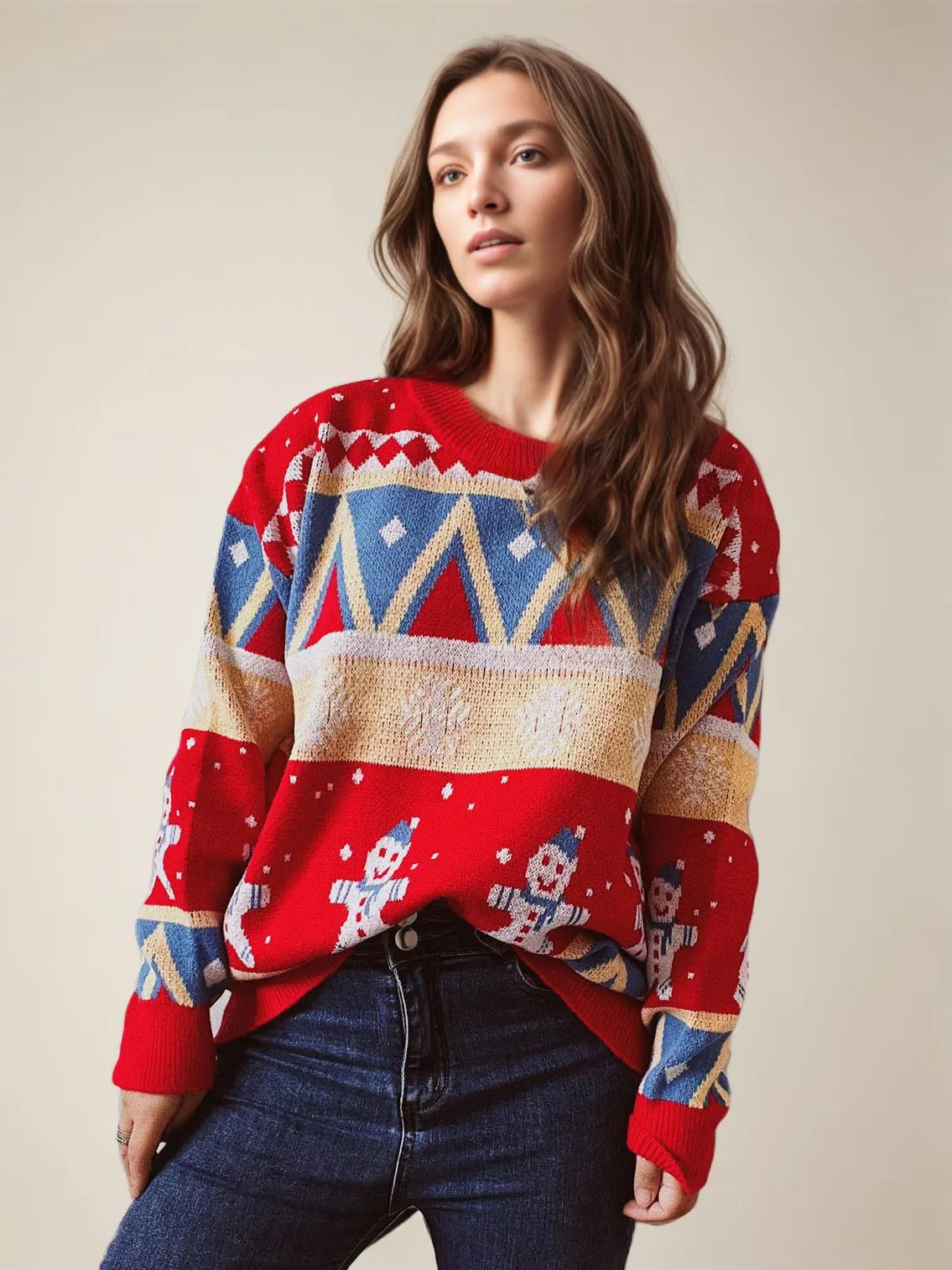 Women Pullover Sweater Red Crochet Christmas Pattern Jewel Neck Long Sleeves Oversized Acrylic Sweaters