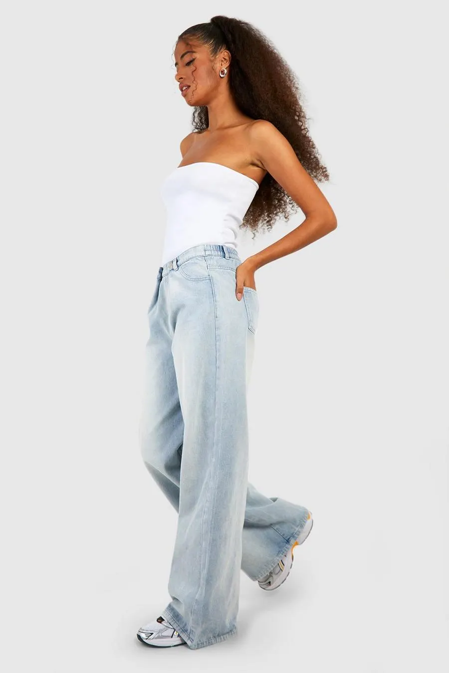 Popper Pleated Wasitband Wide Leg Jeans