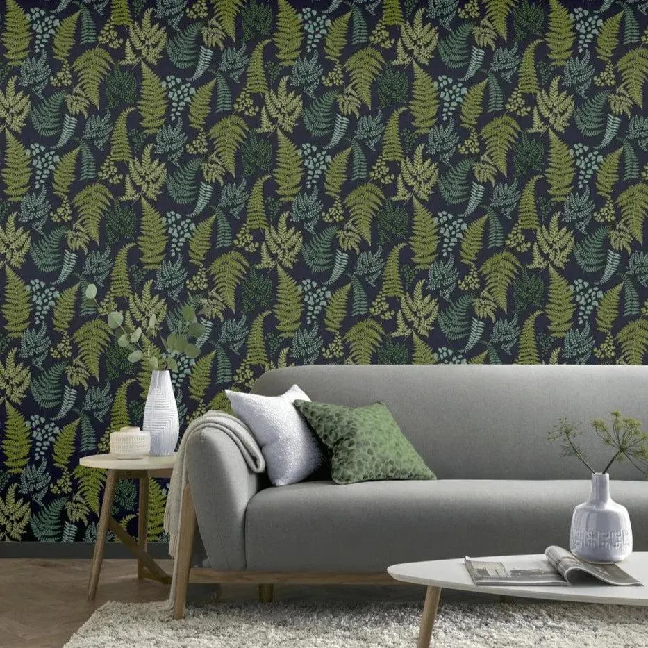 Botanical Fern Wallpaper in Charcoal and Green