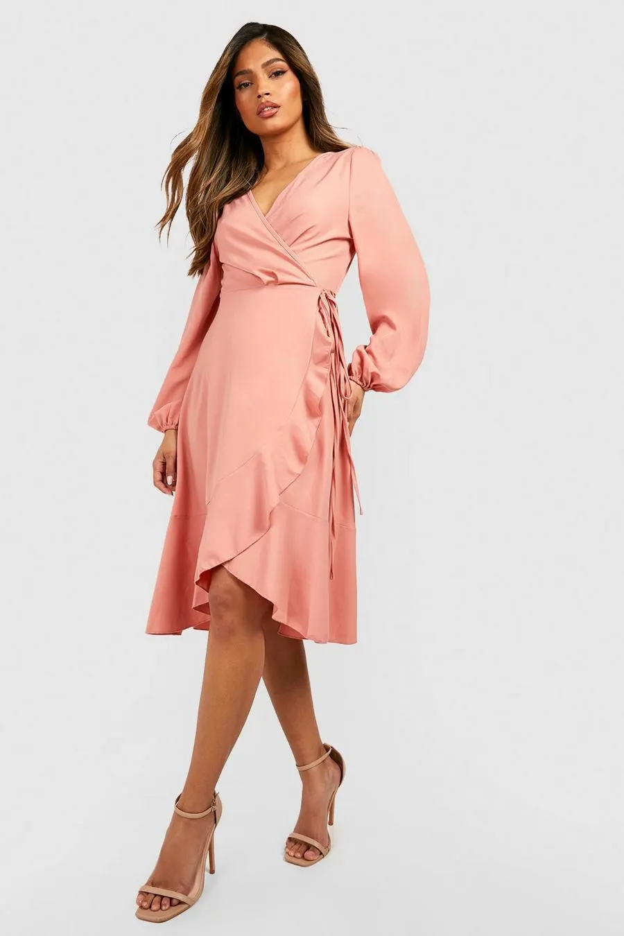 Crepe Ruffle Wrap Midi Skater Dress