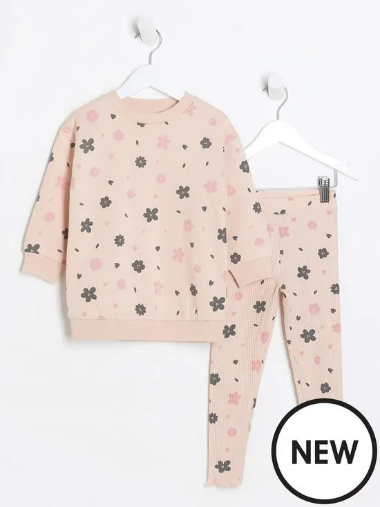 River Island Mini Mini Girls Floral Sweatshirt Set - Pink