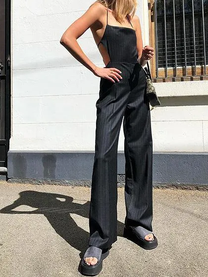 Black Stripe Halter Open Back Jumpsuit
