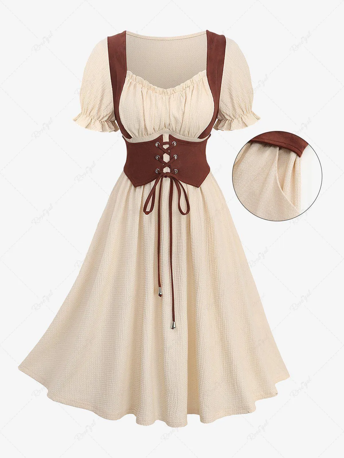 Plus Size Medieval Renaissance Lace Up Grommets Ruched Ruffles Pockets Textured 1950s Vintage Dress - 1x | Us 14-16