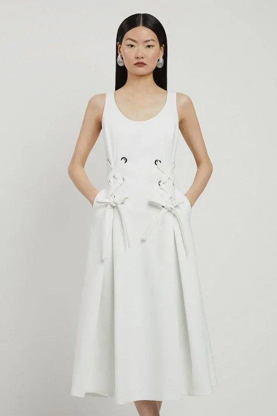 Compact Stretch Eyelet Detailed Ribbon Midi Dress