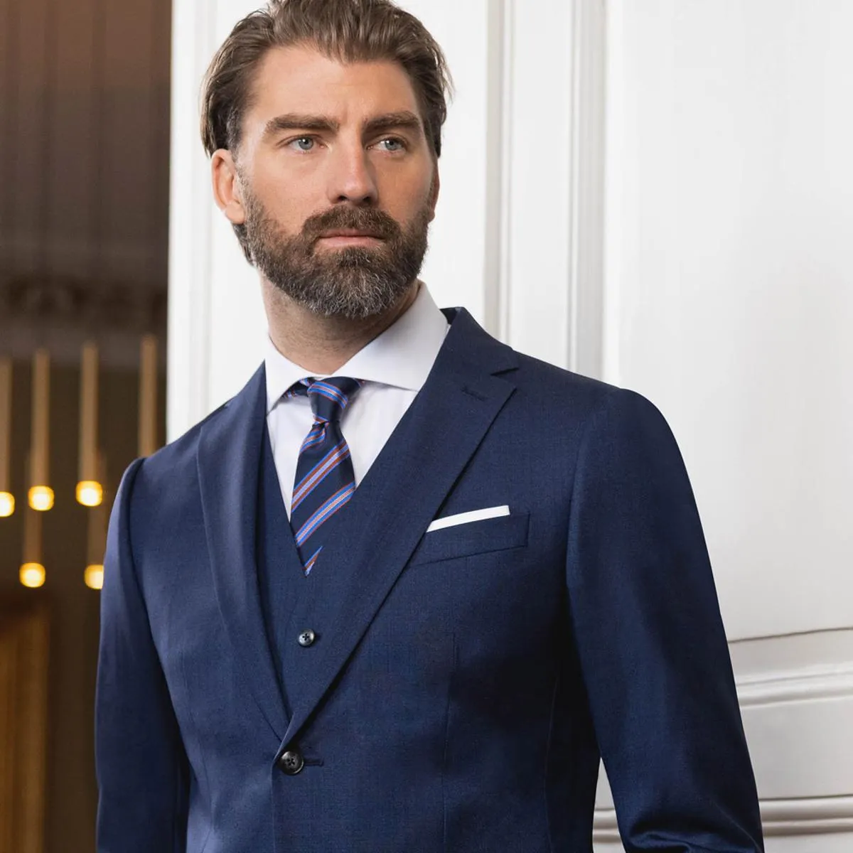 Navy blue three-piece suit
