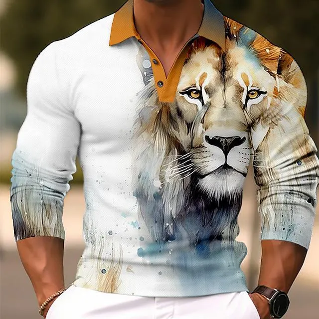 Men's Polo Shirt Golf Shirt Animal Lion Graphic Prints Turndown Yellow Red Blue Green Gray Outdoor Street Long Sleeve Print Clothing Apparel Fashion Streetwear Designer Soft