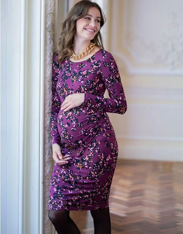 Purple Print Jersey Bodycon Maternity Dress