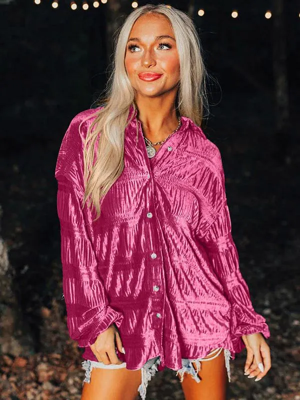 Women's Blouse Long Sleeves Drop Shoulder Button-Up Pleated Top