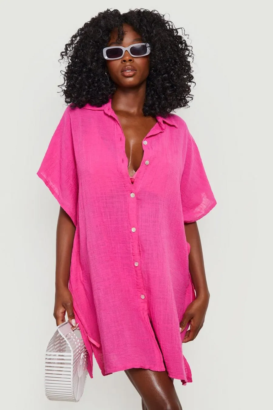 Linen Look Button Front Batwing Beach Kaftan Shirt