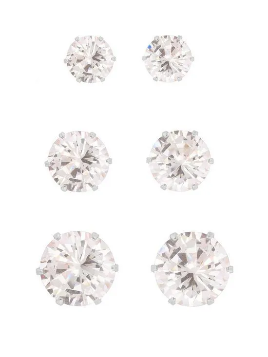 The Love Silver Collection Sterling Silver Set Of 3mm, 4mm And 5mm Cubic Zirconia Studs