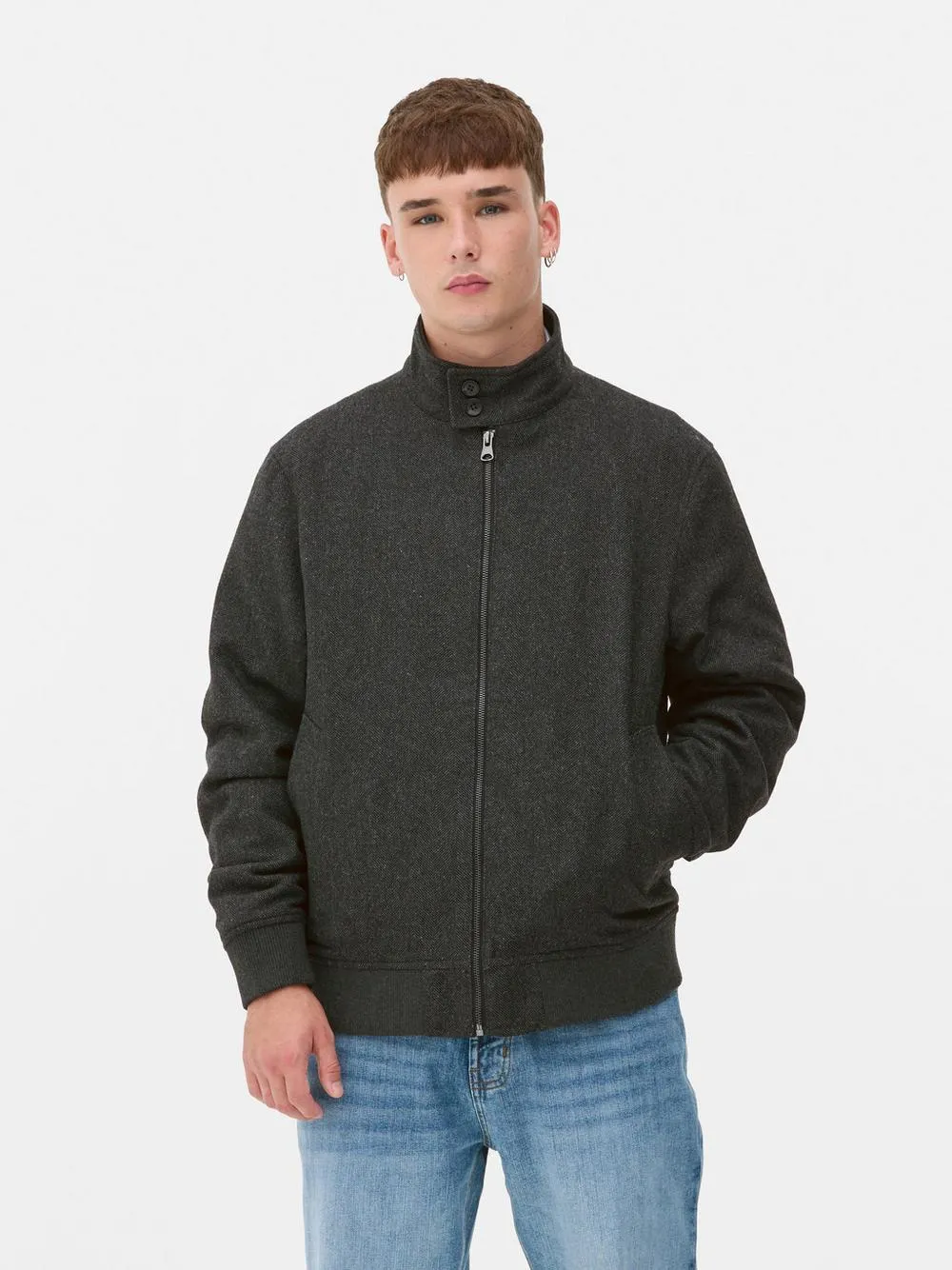 Wool Mix Herringbone Harrington Jacket