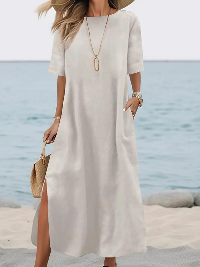 Women's Casual Dress Cotton Linen Dress Shift Dress Midi Dress Linen / Cotton Blend Basic Modern Outdoor Daily Weekend Crew Neck Pocket Split Half Sleeve Summer Spring Fall 2023 Loose Fit ArmyGreen