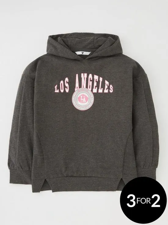 Girls Oversized Varsity Sweat Hoodie - Grey