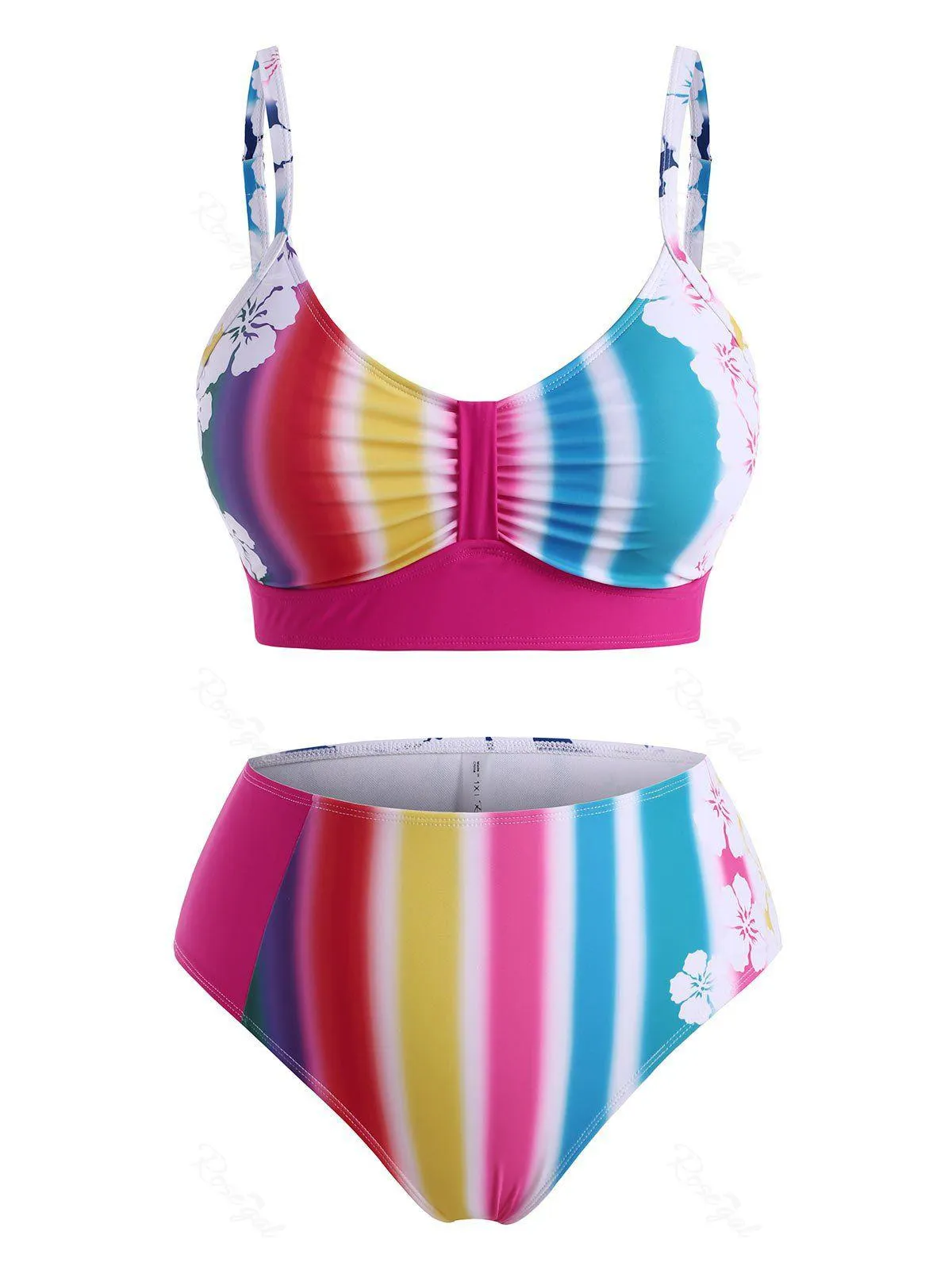 Plus Size Rainbow Striped Flower High Waisted Bikini Swimwear - 3x