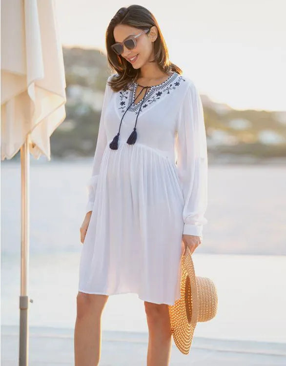 Boho Long Sleeve Maternity Embroidered Kaftan