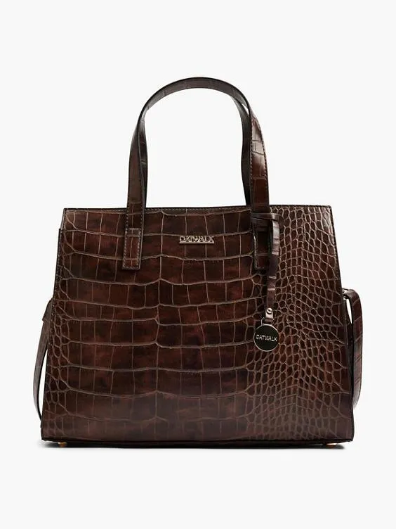 Brown Croc Print Handbag with Charm and Shoulder Strap