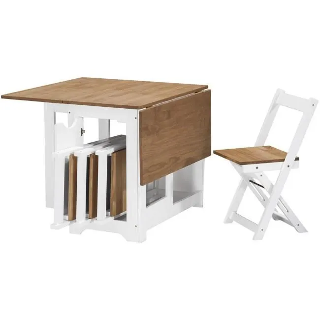 White and Pine Drop Leaf Table Set with 4 Chairs - Seats 4 - Santos
