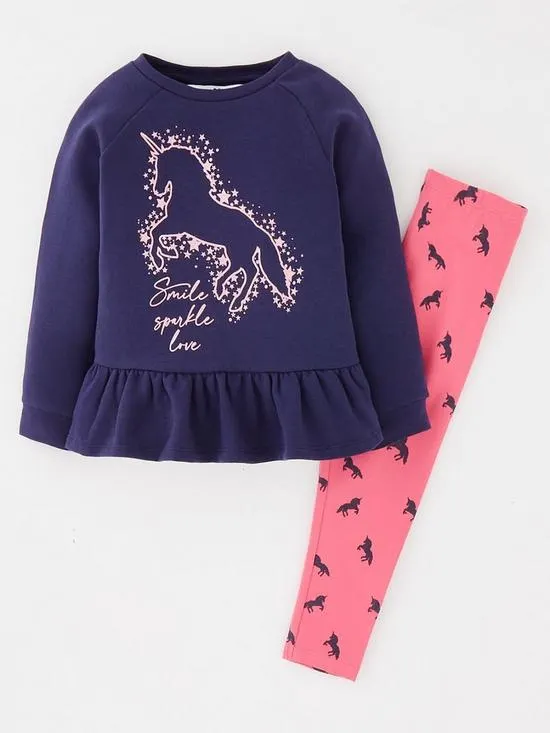 Girls Unicorn Dress and Leggings Set - Pink/Navy